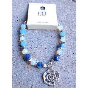 New Blue Beaded Bracelet Silver Tone Cutout Rose Pendant Elastic Stretch Jewelry